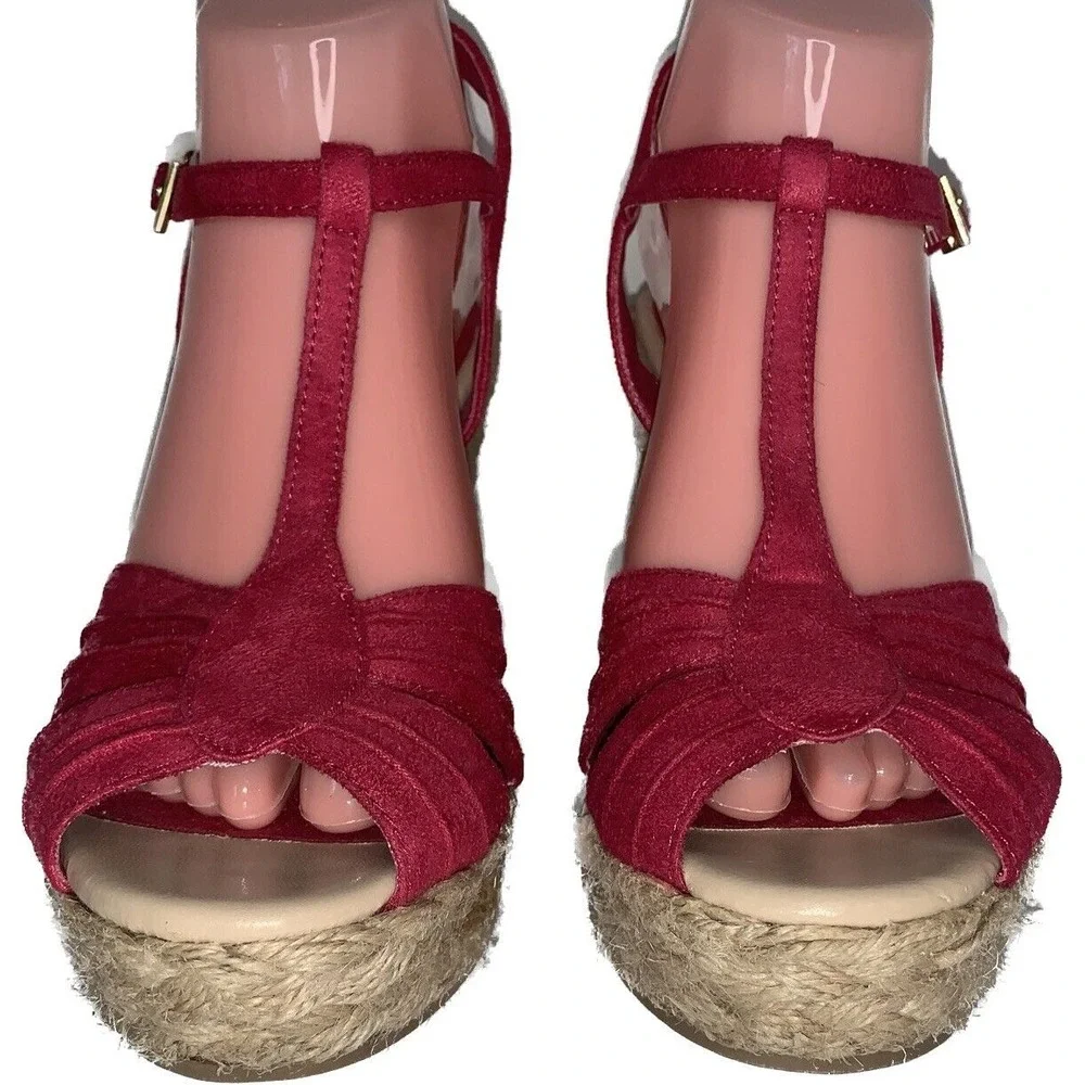 Wedge Sandals T-Strap Espadrille Platform Ankle Buckle Closure Women Size 9 Pink